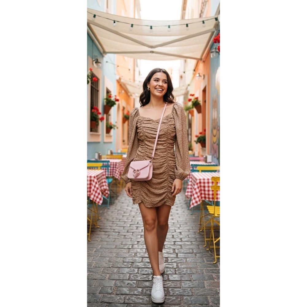 Fashion Nova Ruched Puff Sleeves Mini Dress Womens M Be Back Soon Mocha Flecked
